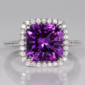 14K White Gold Amethyst Ring with Diamond Halo 4.70cts