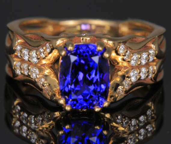 14K Rose Gold Antique Cushion Tanzanite and Diamond Ring Designed by Christopher Michael