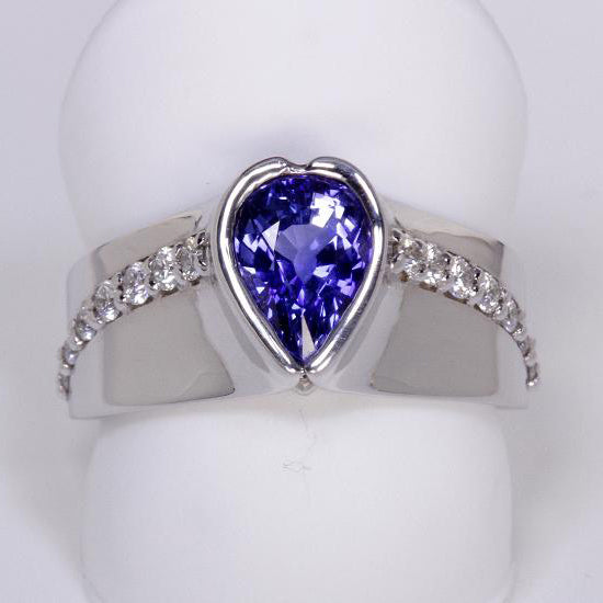 14K White Gold Wide Band Sapphire and Diamond Ring Designed By Christopher Michael