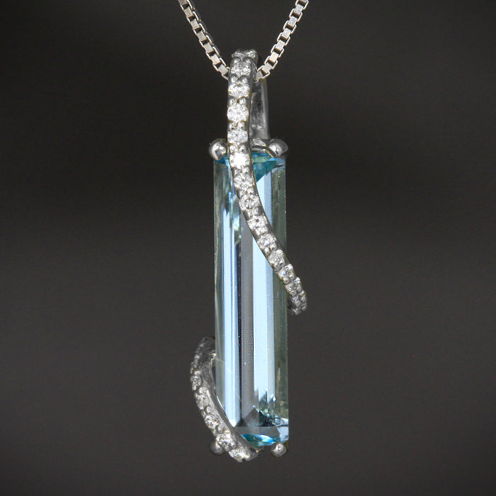 14K White Gold Aquamarine and Cascading Diamond Pendant Designed by Christopher Michael