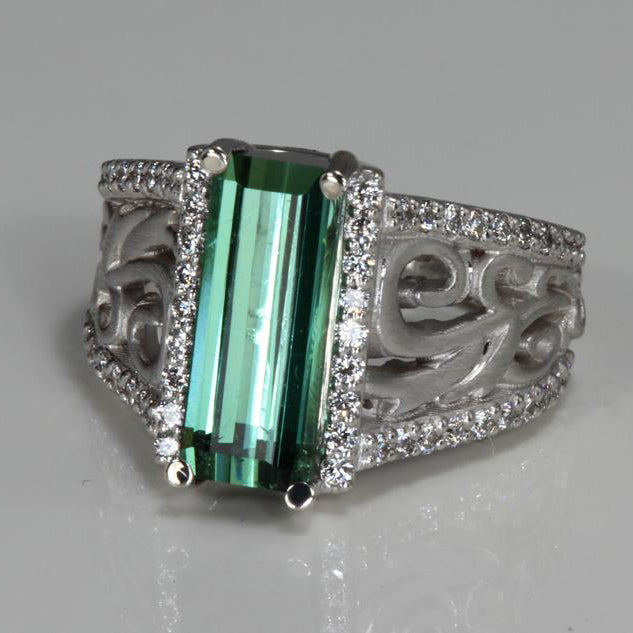 14K White Gold Blue Green Tourmaline Ring with Fine Diamonds 3.79 Carats