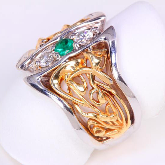 14K White Gold and 18K Yellow Gold Emerald and Diamond Ring Side View