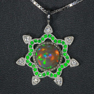 14K White Gold Snowflake Welo Opal with Tsavortie and Diamond Pendant Front View