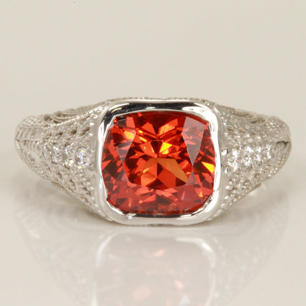 14K Whie Gold Antique Cushion Spessartite Garnet Ring