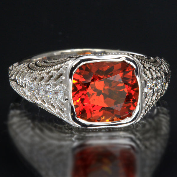 14K Whie Gold Antique Cushion Spessartite Garnet Ring