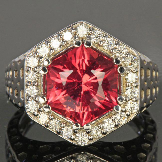 14k White Gold Pink Hexagon Tourmaline With Fine Diamonds Ring Close Up
