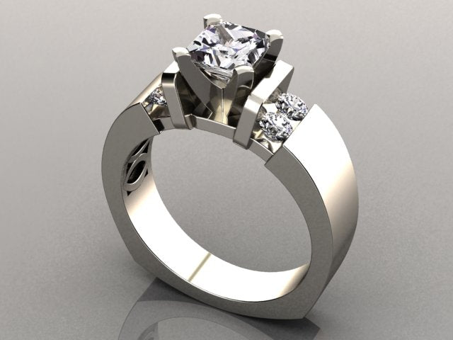 Wide band engagement ring for round or princess diamond center