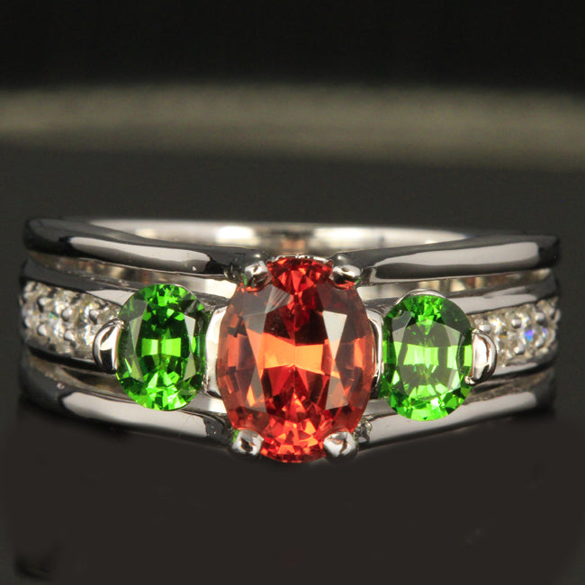 14K White Gold Oval Malaia Garnet and Tsavorite Garnet Ring
