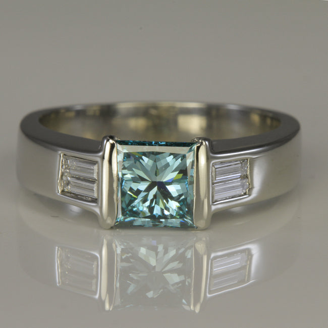 14K White Gold Blue Princess Diamond Ring