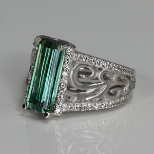 14K White Gold Blue Green Tourmaline Ring with Fine Diamonds Side View