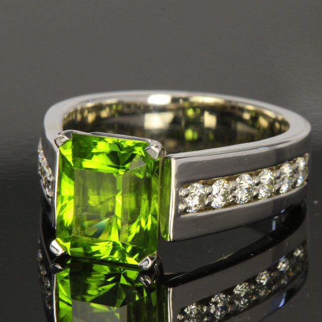 14K White Gold Barion Style Emerald Cut Peridot Ring Designed By Christopher Michael 4.40 Carat