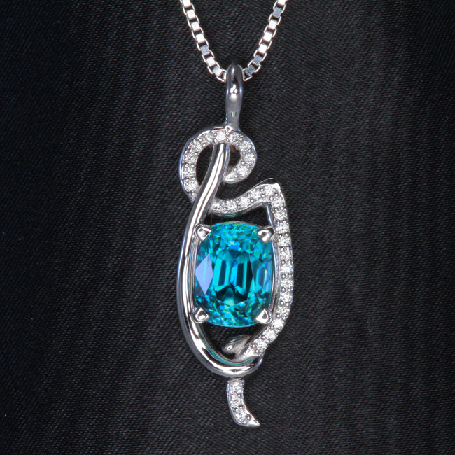 Beautiful Blue Zircon Pendant With Fine Ideal Cut Diamonds