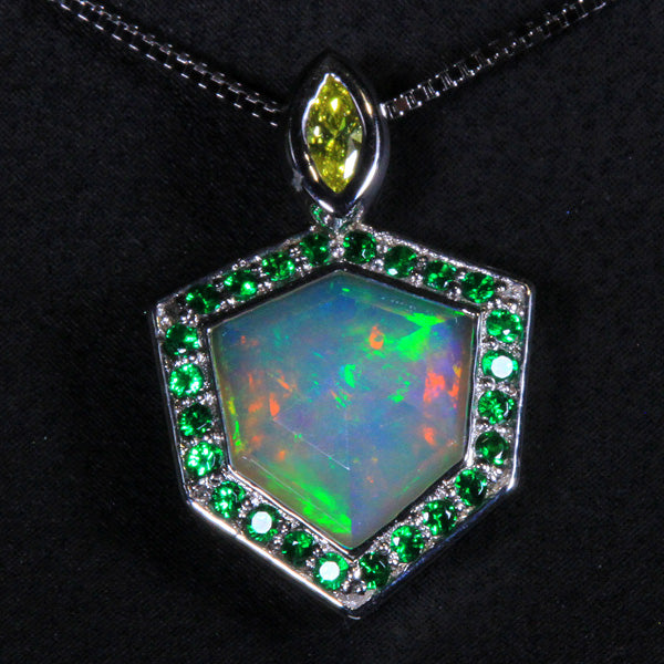 Facetted Welo Opal Accented by Tsavorite Garnet and Yellow Diamond