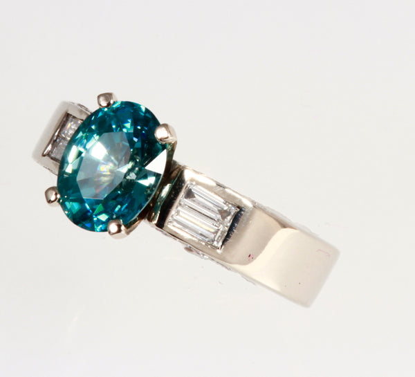 Blue Zircon and Diamond Ring