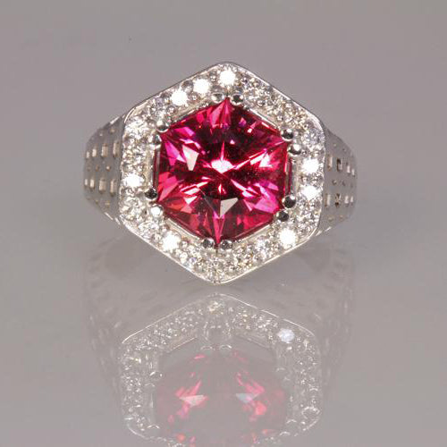 14k White Gold Pink Hexagon Tourmaline With Fine Diamonds Ring Front View