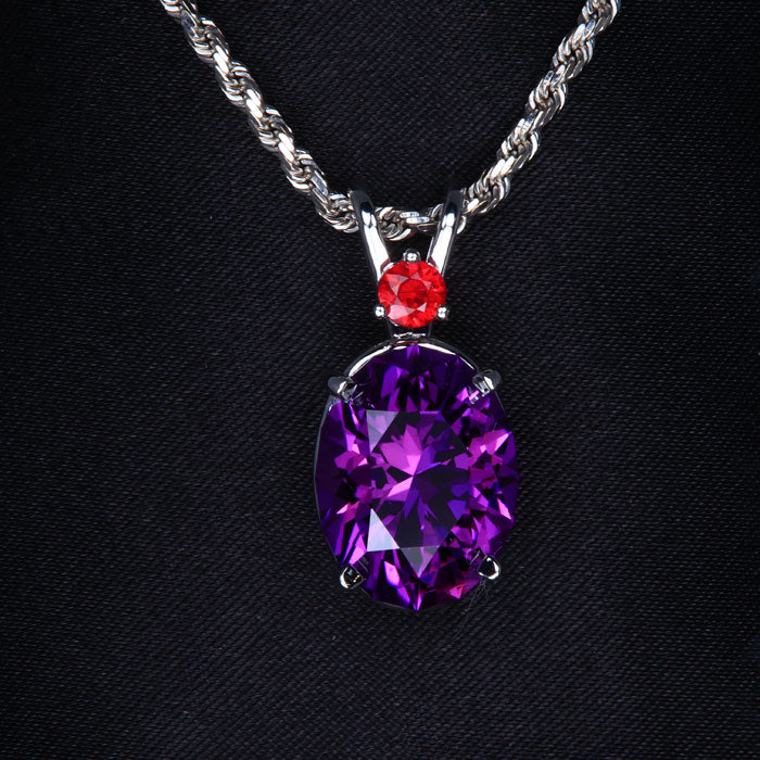 14k White Gold Oval Amethyst and Ruby Pendant 8.51 Carats