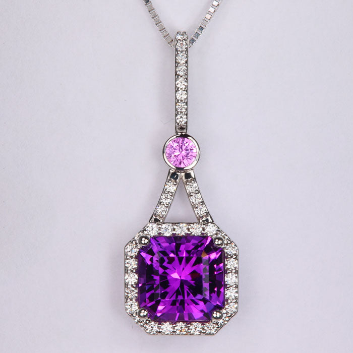 Square Cushion Amethyst with Diamond and Pink Sapphire Pendant