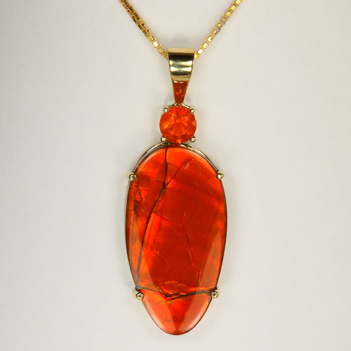 14K Yellow Gole Ammolite with Fire Opal Pendant 1.11cts