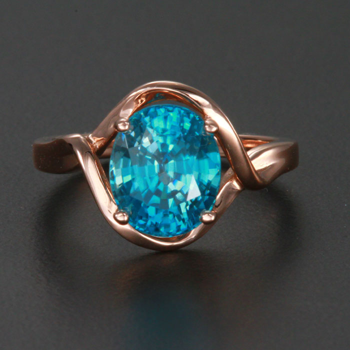14K Rose Gold Large Oval Blue Zircon Ring 5.25 Carats