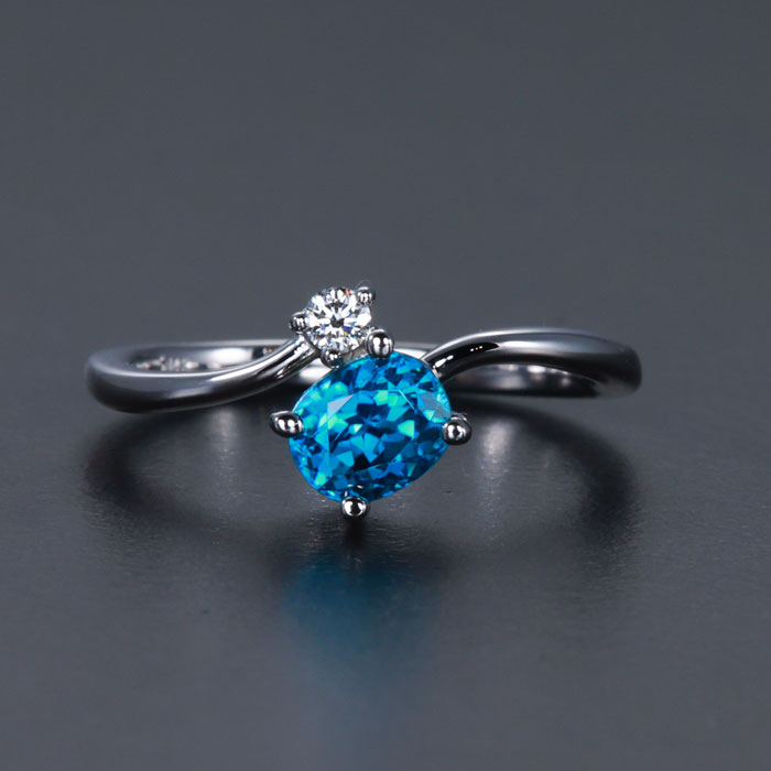 White Gold Blue Zircon and Diamond Ring 
