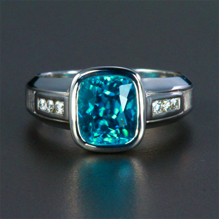 14K White Gentleman&#39;s Blue Zircon Ring 6.30 Carats