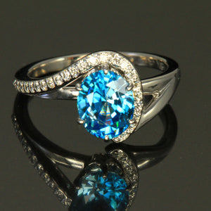 18K White Gold Oval Blue Zircon and Diamond Ring