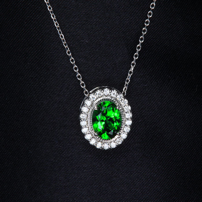 14K White Gold Chrome Tourmaline Diamond Halo Pendant