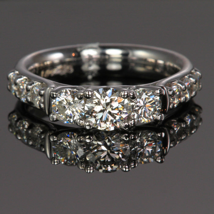 14k White Gold Three Stone Diamond Ring Designed by Steve Moriarty  1.51 Carats