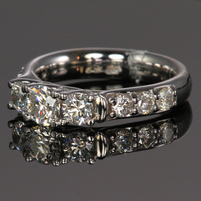 14k White Gold Three Stone Diamond Ring Designed by Steve Moriarty  1.51 Carats