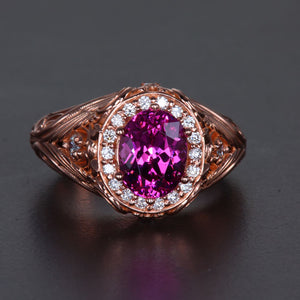 14K rose Gold Oval Mahenge Pink Garnet and Diamond Ring 2.74 Carats