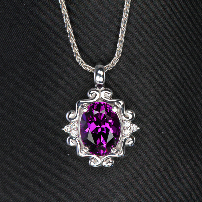 14K White Gold Oval Grape Garnet and Diamond Pendant