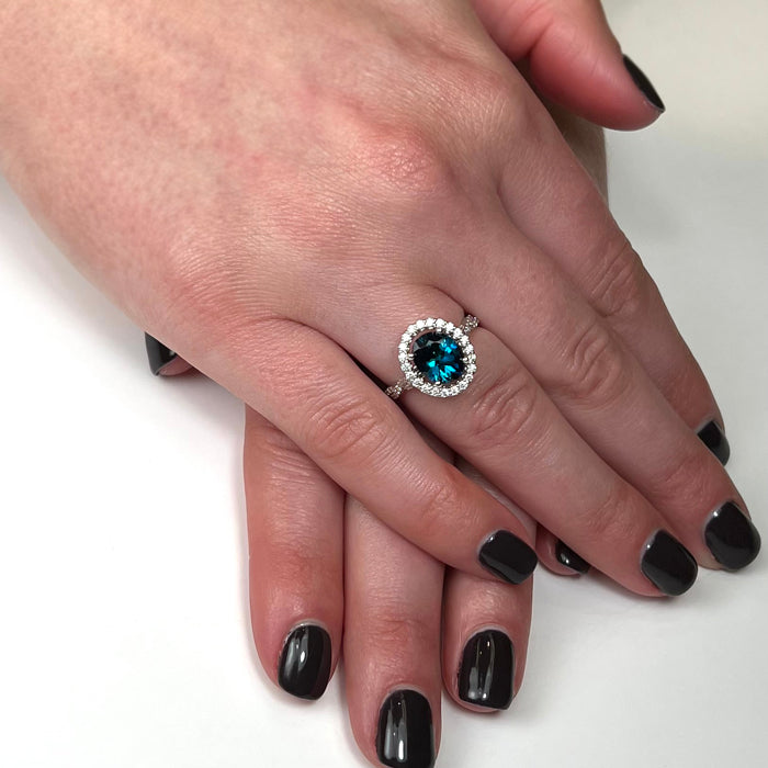 14K White Gold Indicolite Tourmaline and Diamond Halo Ring 2.21 Carats
