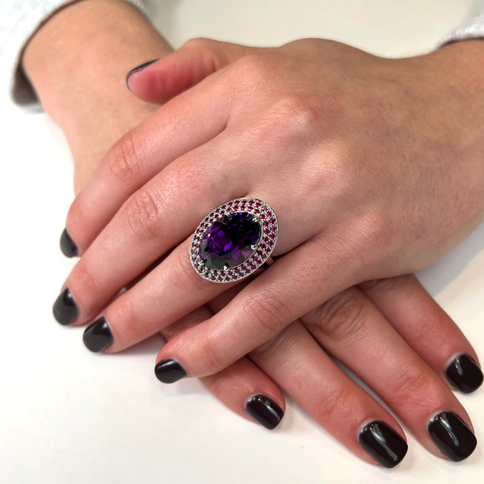 14K White Gold Oval Amethyst and Ruby Ring by Christopher Michael 12.25 Carats