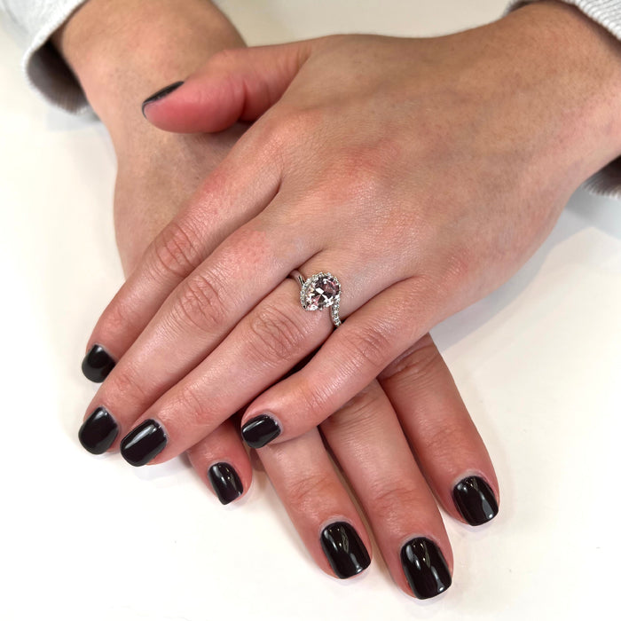 14K White Gold Pear Shape Morganite and Diamond Swirl Ring 1.69 Carats