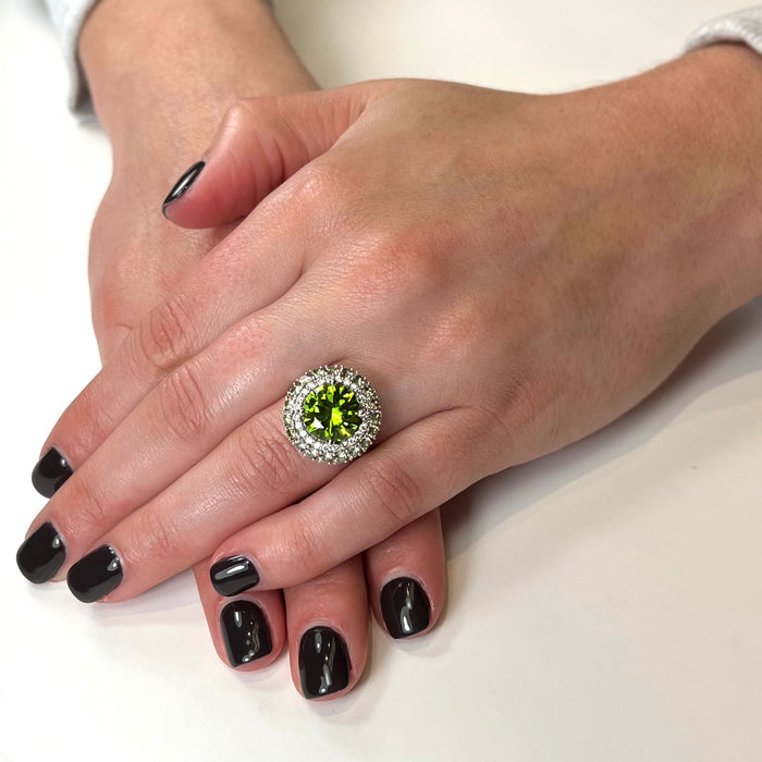 14K White Gold Round Peridot, Demantoid Garnet Diamond Halo Ring 4.86 Carats