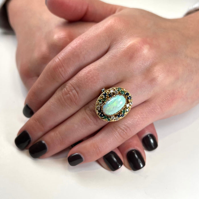 14K Yellow Gold Opal Ring with Emeralds, Sapphires & Diamonds 4 Carats