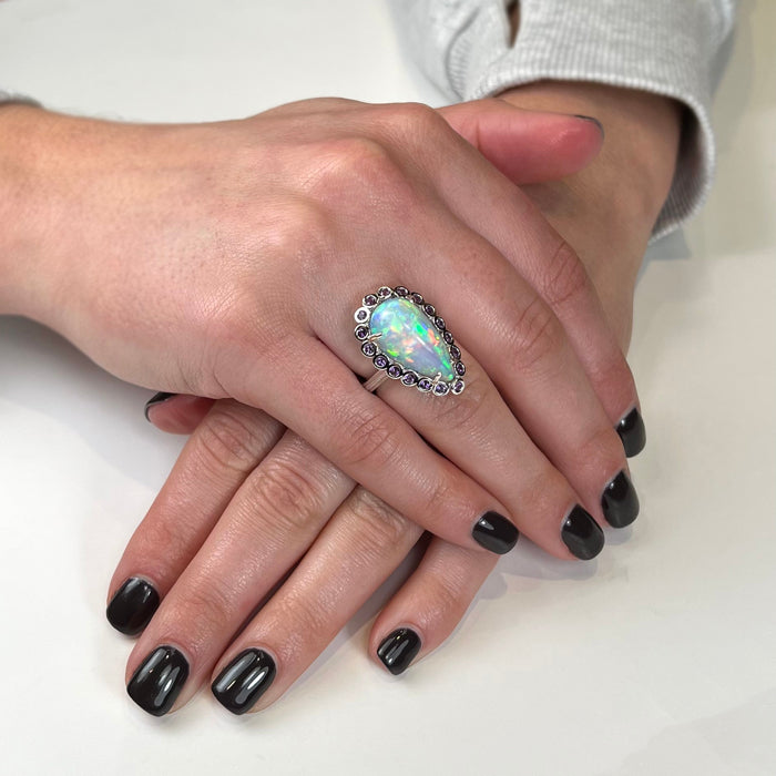 14K White Gold Pear Shaped Cabochon Opal and Amethyst Ring