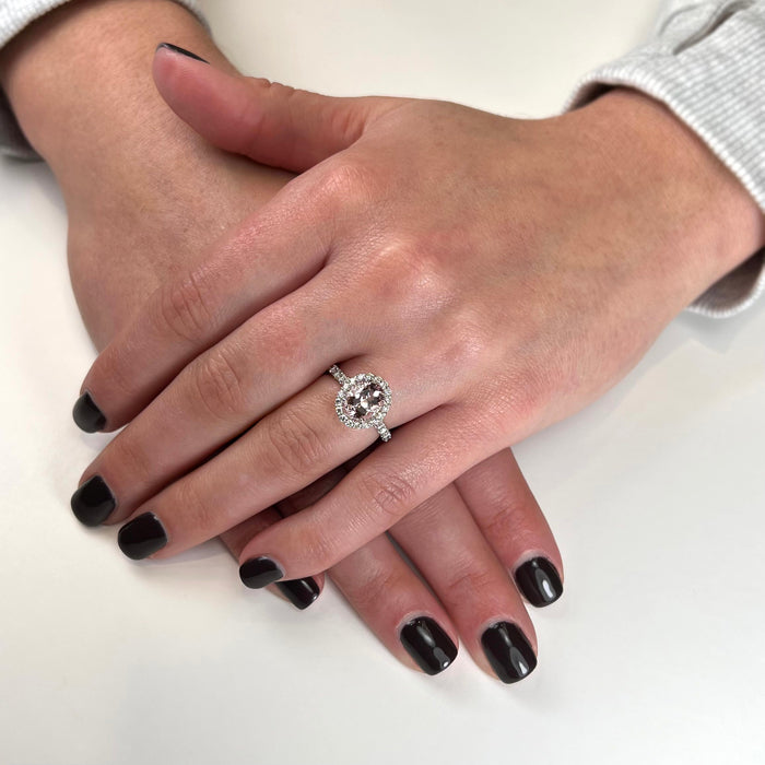 14K White Gold Morganite and Diamond Halo Ring with Diamond Shank 1.71cts