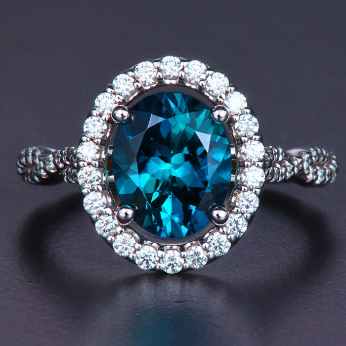 Indicolite Tourmaline and Diamond Halo Ring 