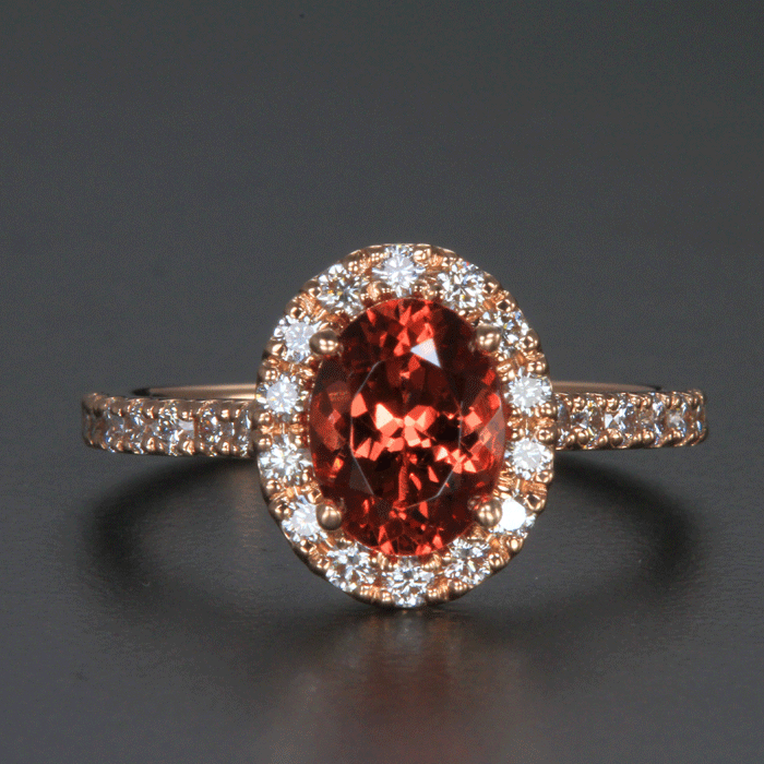 14k Rose Gold Mahenge Malaia Garnet Ring with Diamond Halo and Diamond on the shank 1.97 Carats