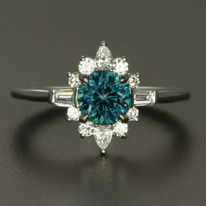 14k White Gold Blue Green Montana Sapphire and Diamond Ring 1.25 Carats
