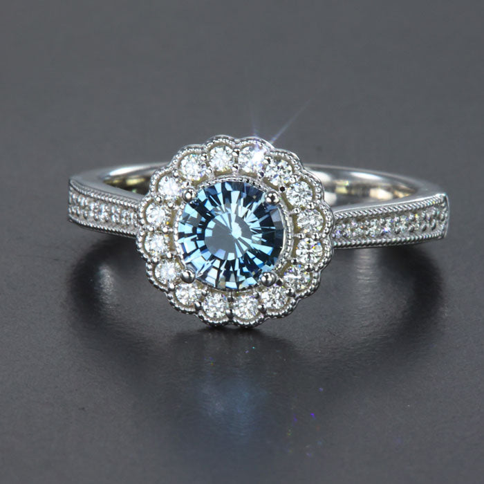 White Gold Montana Sapphire Ring with Diamond Halo