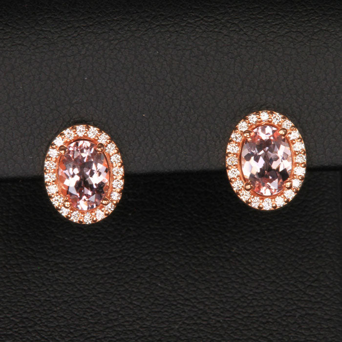 14k Rose Gold Oval Morganite and Diamond Halo Stud Earrings