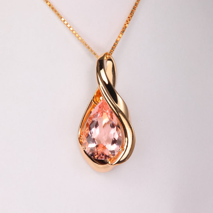 Pear shaped Morganite in 14k yellow gold pendant estate jewelry