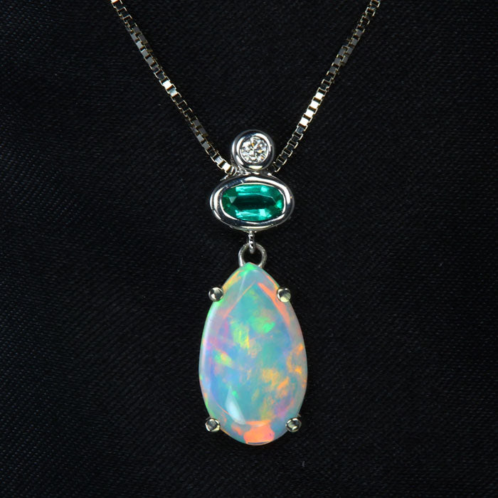 White Gold Opal Emerald and Diamond Pendant