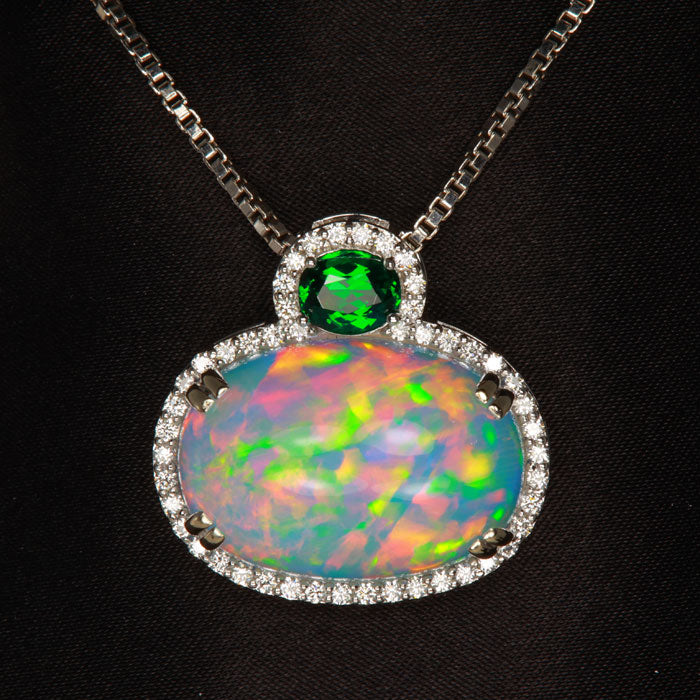 14k White Gold Welo Opal with Diamond Halo  Tsavorite Garnet Pendant 14.80