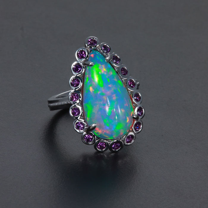 14K White Gold Pear Shaped Cabochon Opal and Amethyst Ring