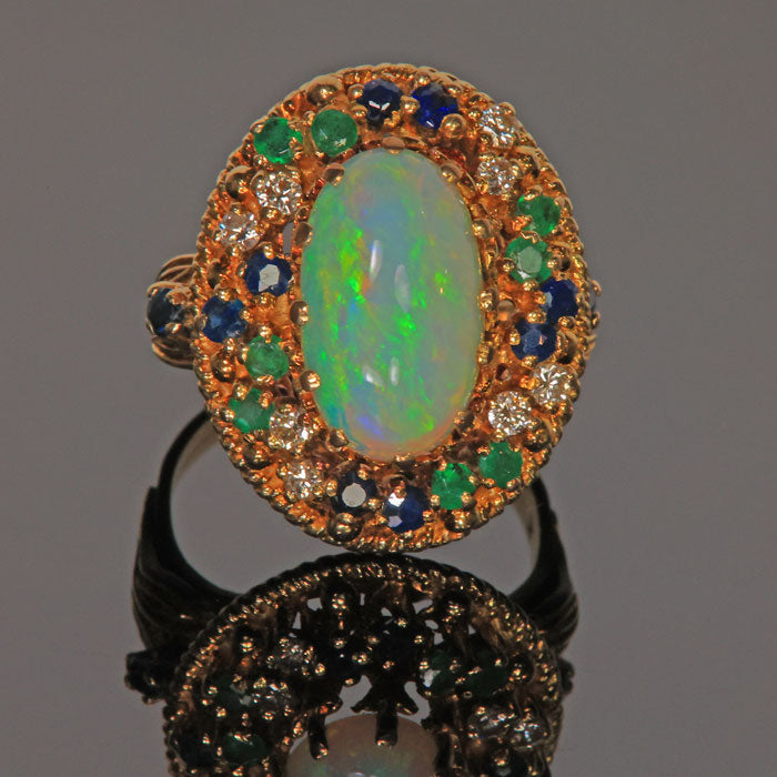 14K Yellow Gold Opal Ring with Emeralds, Sapphires & Diamonds 4 Carats
