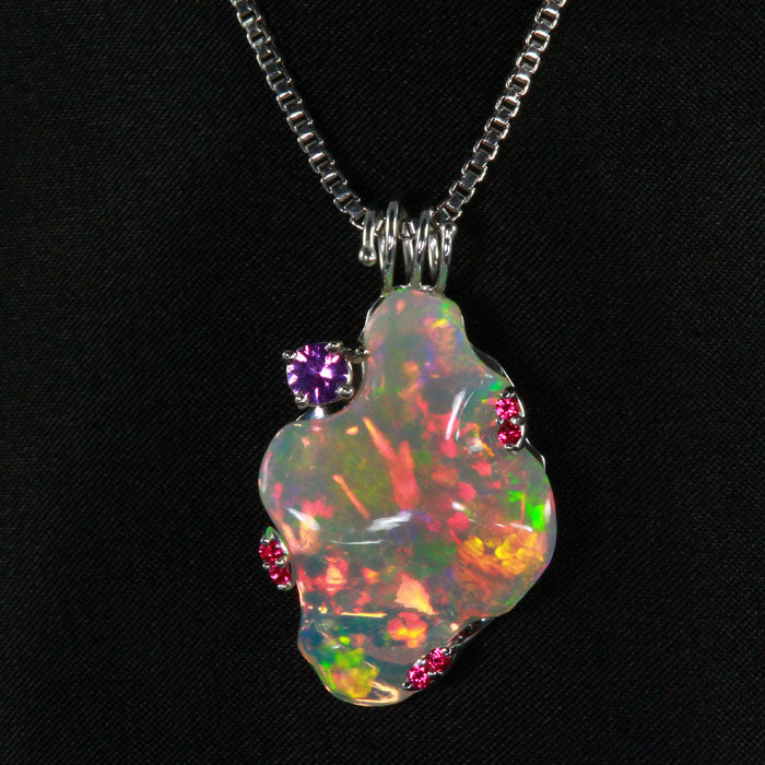 14k White Gold Freeform Cabochon Opal and Pink Sapphire Pendant