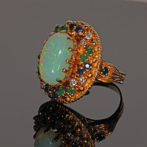 14K Yellow Gold Opal Ring with Emeralds, Sapphires & Diamonds 4 Carats
